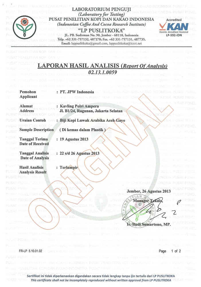 Сертификат кофе лювак